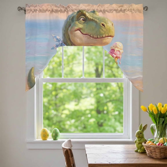 Cartoon Dinosaur Swag Valances for Kitchen Window, Funny Tyrannosaurus Rex Summer Ice Cream Beach Small Swag Valances Rod Pocket Curtain Drapes Window Treatment for Bedroom Bathroom, 56x36 Inch