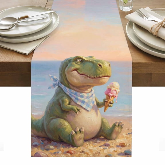 Cartoon Dinosaur Table Runner, Funny Tyrannosaurus Rex Summer Ice Cream Beach Cotton Linen Table Cloth, Tablerunner for Kitchen Dining Party Wedding Home Decor 13x36 Inch