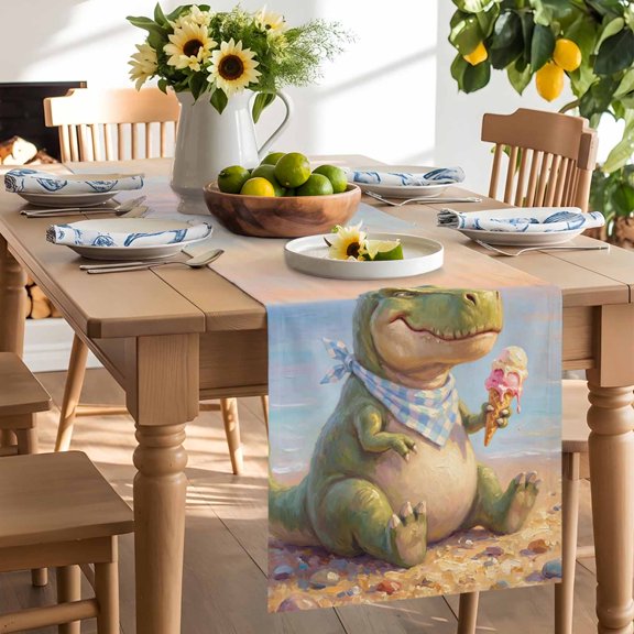 Cartoon Dinosaur Table Runner, Funny Tyrannosaurus Rex Summer Ice Cream Beach Washable Kitchen Table Runners Dress Scarves for Dining Table Decorations Party/Restaurant/Indoor Outdoor Use, 13x36in
