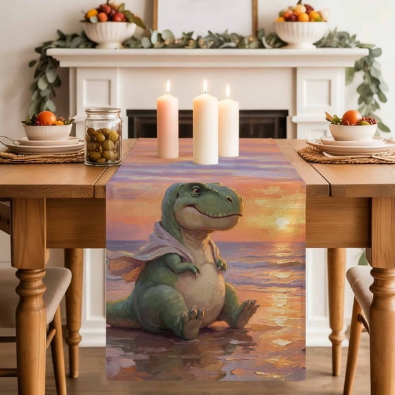 Cartoon Dinosaur Table Runner, Funny Tyrannosaurus Rex Sunset Summer Beach Cotton Linen Kitchen Table Decoration Washable Dining Tabletop Runners for Home Party Decor 13x36 Inches