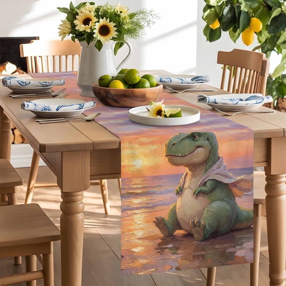 Cartoon Dinosaur Table Runner, Funny Tyrannosaurus Rex Sunset Summer Beach Washable Kitchen Table Runners Dress Scarves for Dining Table Decorations Party/Restaurant/Indoor Outdoor Use, 13x36in