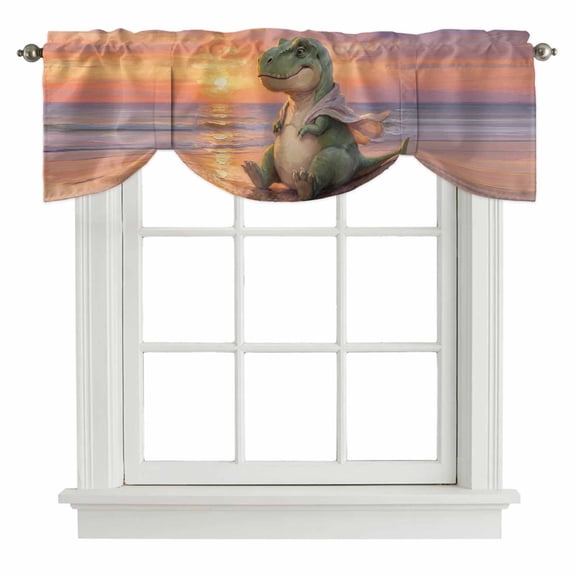 Cartoon Dinosaur Tie Up Valance Curtains Funny Tyrannosaurus Rex Sunset Summer Beach Adjustable Light Filtering Tie Up Valance Small Window Shade for Kitchen Bedroom Cafe 42" W x 12" L