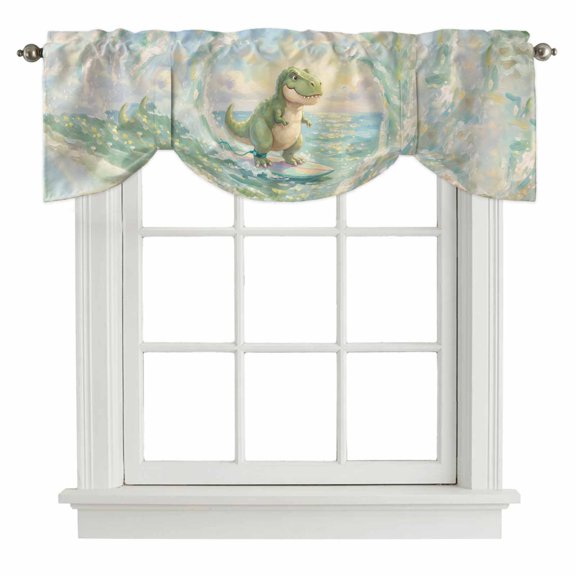 Cartoon Dinosaur Tie Up Valance Curtains Funny Tyrannosaurus Rex Watercolor Surfboard Wave Adjustable Light Filtering Tie Up Valance Small Window Shade for Kitchen Bedroom Cafe 42" W x 12" L