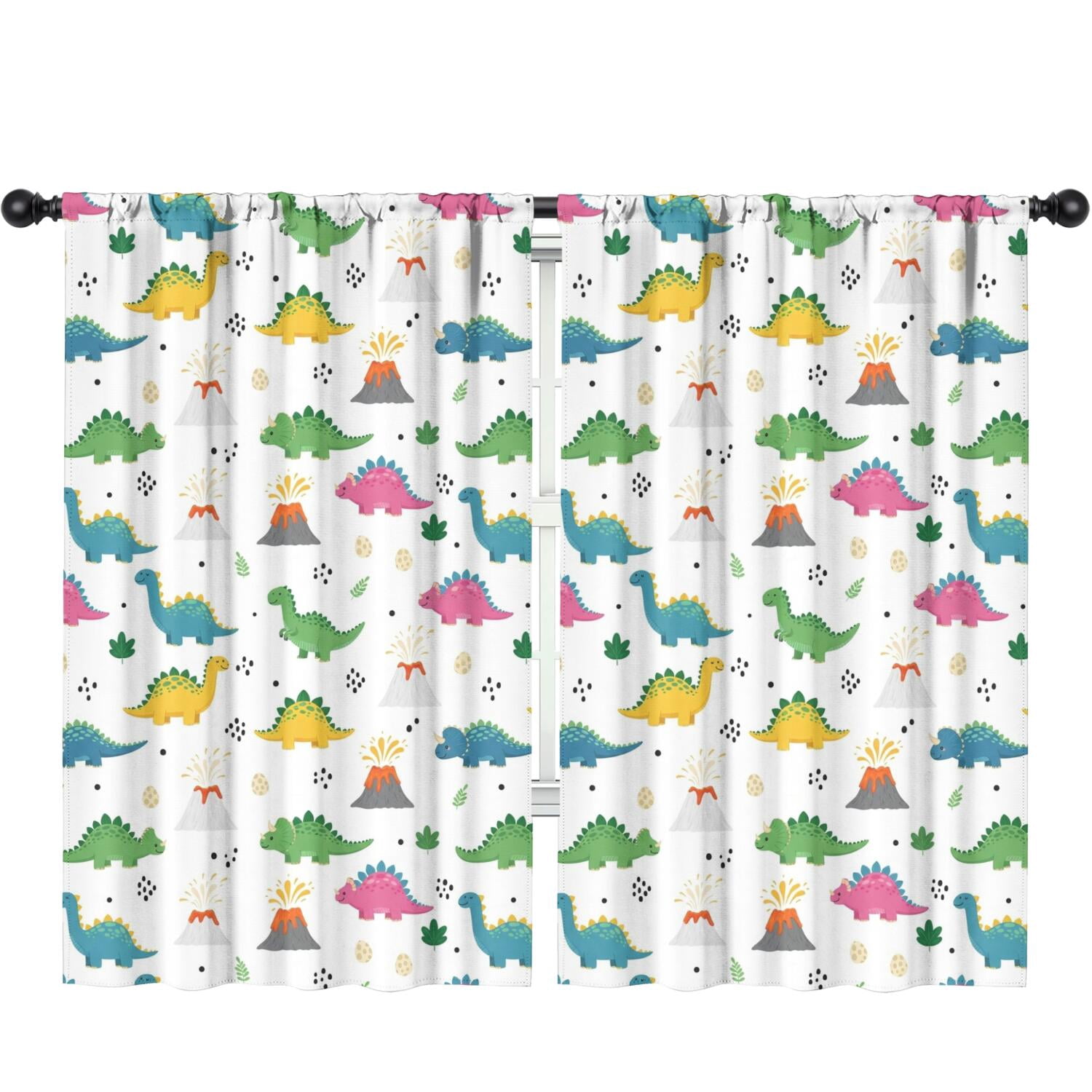 Cartoon Dinosaur Volcano Leaf White Window Curtains, Window Treatments ...