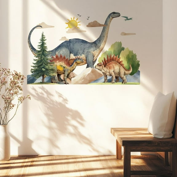 Cartoon Dinosaur Wall Stickers Forest Stegosaurus Brachiosaurus Wall Decals Colorful Nursery Wall Art Stickers DIY Vinyl Art for Bedroom Classroom Kid's Room Playroom Wall Decor