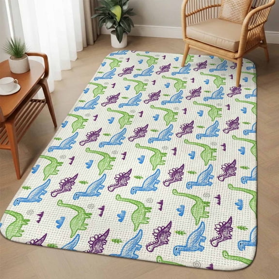 Cartoon Dinosaur Washable Area Rugs for Living Room Bedroom, Large Non Slip Indoor Floor Carpet Absorbent Low Pile Watercolor Funny Cute Green Blue Dino Door Mat Rugs for Bathroom Entryway 63"x78.7"