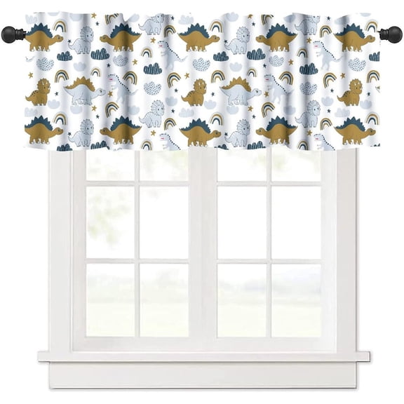 Cartoon Dinosaur Window Valance Curtains, Cute Animal Safari Wildlife Boho Rainbow Cloud Stars Valance for Children Girls Boys Nursery Kids Bedroom Playroom Living Room 54x18inch