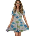 thumbnail image 1 of Cartoon Dinosaur Women Dress V-Neck Short Sleeve Flowy Swing Party Midi Dress, 1 of 4