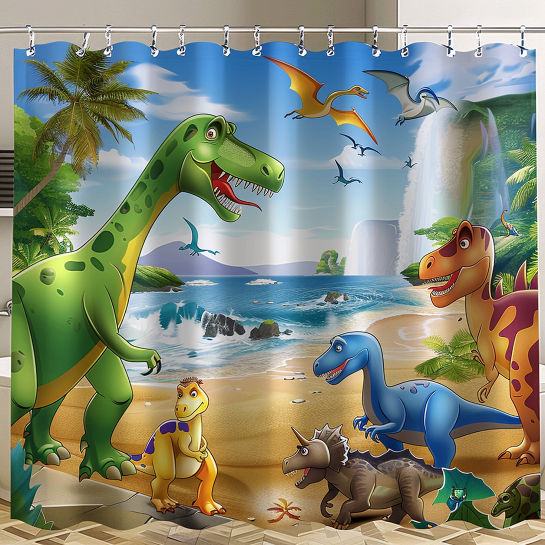 Cartoon Dinosaur World Shower Curtain for Kids' Bathroom Cute Design ...