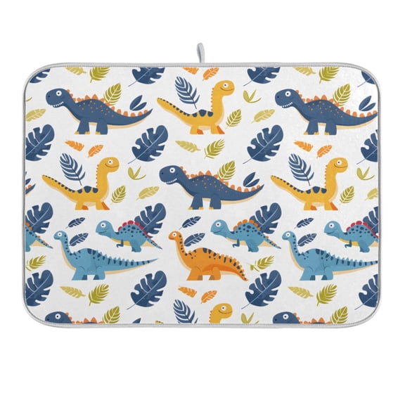 Cartoon Dinosaur and Leaf Dish Drying Mat 16x18 Absorbent Microfiber Draining Rack Pad for Kitchen Counter Sink