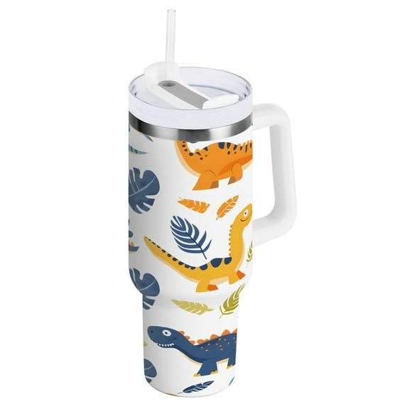Cartoon Dinosaur and Leaf Tumbler with Handle and Straw Lid 40 oz Insulated Vacuum Water Bottle Stainless Steel Travel Cup