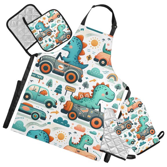 Cartoon Dinosaur in Car 5 Pcs Kitchen Set Heat Resistant Oven Mitts and Non-Slip Pot Holders with Adjustable Cooking Apron