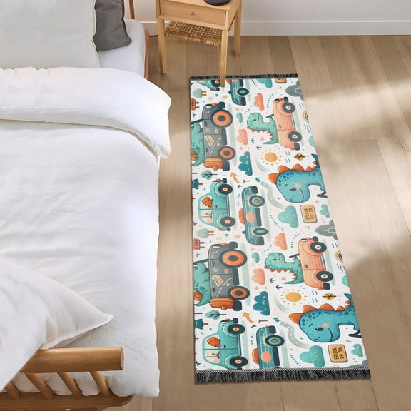 Cartoon Dinosaur in Car Runner Area Rug 2x6 Soft Non-Slip Washable Bedside Carpet for Hallway Bedroom Living Room Home Decor