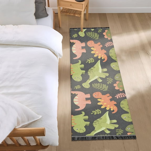 Cartoon Dinosaur with Leaf Runner Area Rug 2x6 Soft Non-Slip Washable Bedside Carpet for Hallway Bedroom Living Room Home Decor