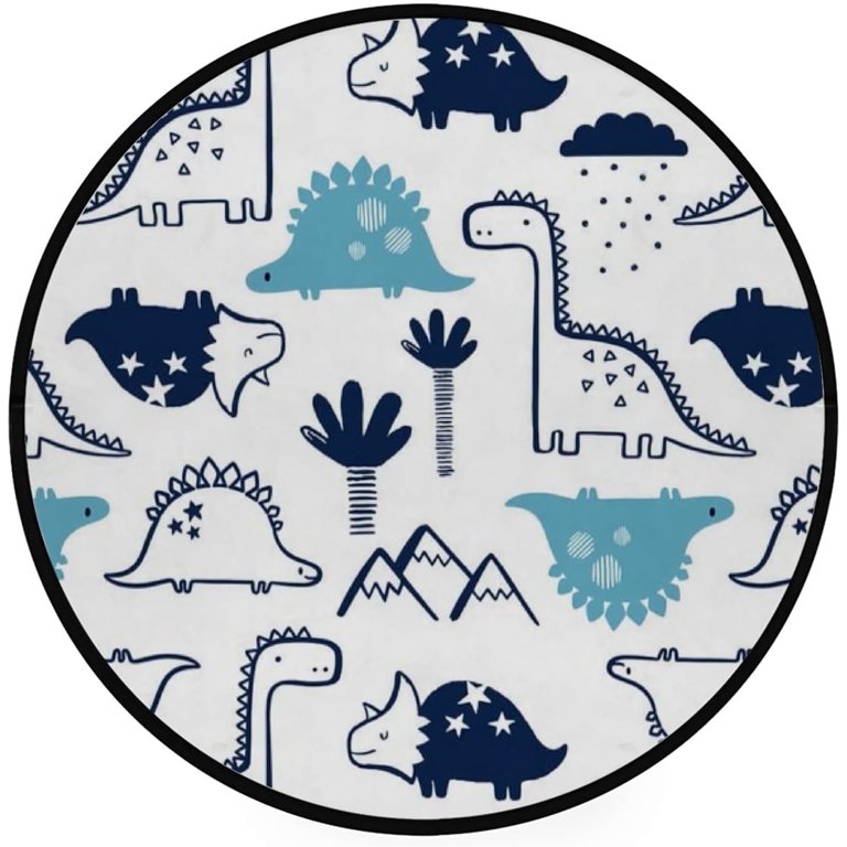 Cartoon Dinosaurs 3 Ft Round Area Rug, Non-Slip Floor Carpet Blue 
