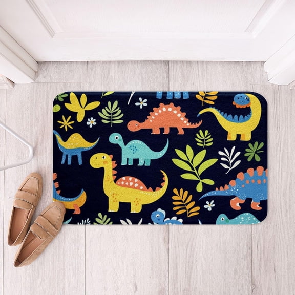 Cartoon Dinosaurs Bathroom Rugs Kids Dinosaur Theme Bath Mats Jungle Adventure Bathroom Accessories Colorful Dino Floor Doormats 16"x24" Wildlife Soft Microfiber