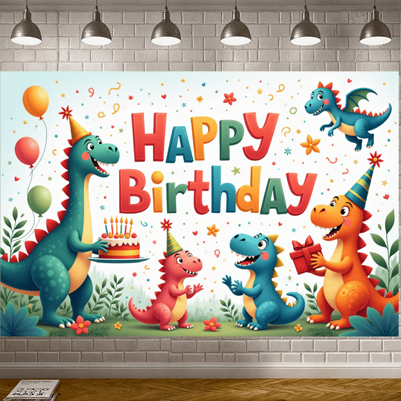 Cartoon Dinosaurs Birthday Banner Colorful Decor Dinosaur Party Backdrop for Kids Birthday Celebration Indoor Party Decoration