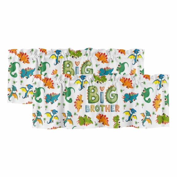Cartoon Dinosaurs Curtain Valances for Windows, Kitchen Valance Window Treatments Panel 2 Pack, Funny Dino Cute Boys Girls Children Rod Pocket Short Curtains for Bathroom Bedroom 42 x 12 Inch
