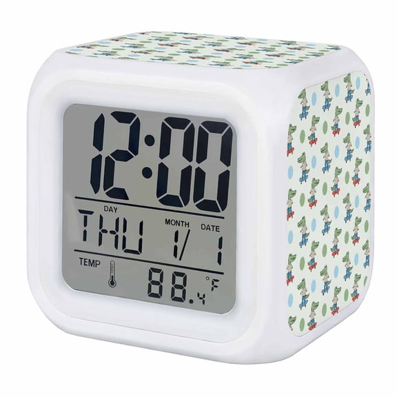 Cartoon Dinosaurs Digital Alarm Clock for Bedrooms, Smart LED Alarm Clock with 7 Color Changing Night Light, Funny Cute Animals Green Blue Dots Silent Wake Up Clocks for Sleep Study Cooking 3.2"x3.2"