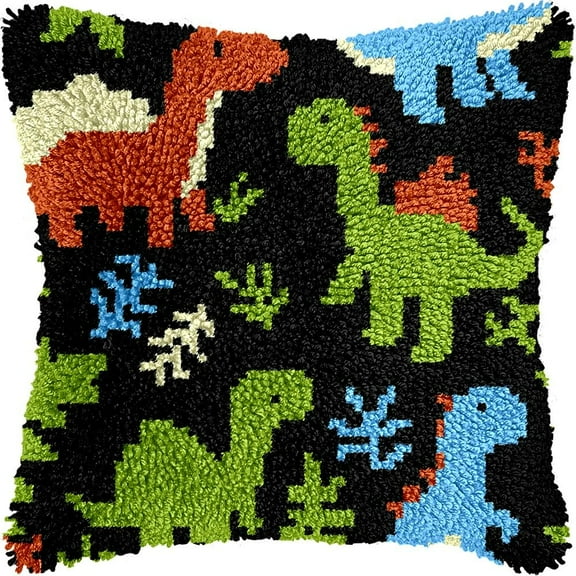Cartoon Dinosaurs Latch Hook Kits Pillow DIY Rug Crochet Hook Cushion Making Kits with Preprinted Pattern Canvas Instruction Yarns Pillow Cover Easy Starter DIY Crochet Kits 43x43cm de5)