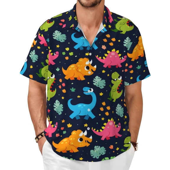 Cartoon Dinosaurs Men's Shirts Short-Sleeved with All-Over Prints Button-Up Shirts