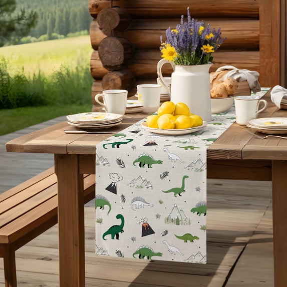 Cartoon Dinosaurs Mountain Table Runner 13x72in Non-Slip Cotton Linen ...