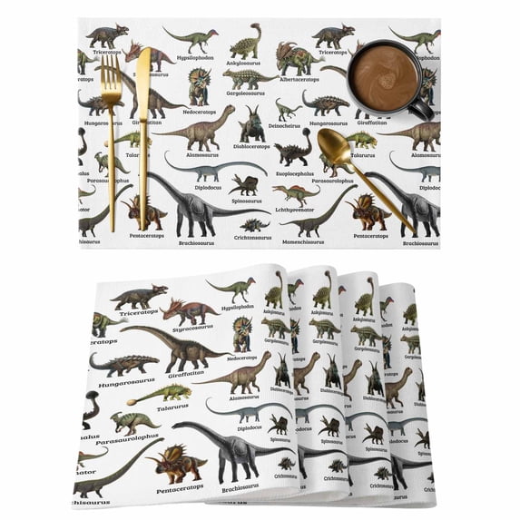 Cartoon Dinosaurs Placemats Set of 4 Natural Primitive Wild Animals Names Place Mats Indoor Wipeable Table Mats Washable Cloth Dining Table Placemats for Kitchen Holiday Party Home Decor 13x19 Inch