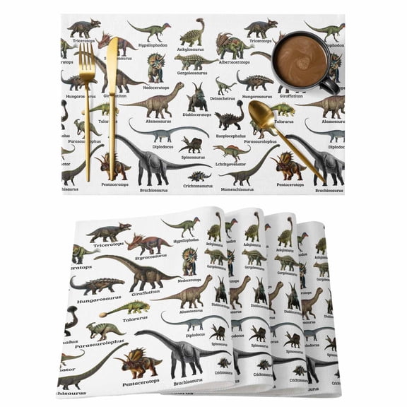 Cartoon Dinosaurs Placemats Set of 4, Natural Primitive Wild Animals Names Placemats for Dining Table, Place Mats for Kitchen Tabletop, Waterproof Wipeable Dining Table Mats Set