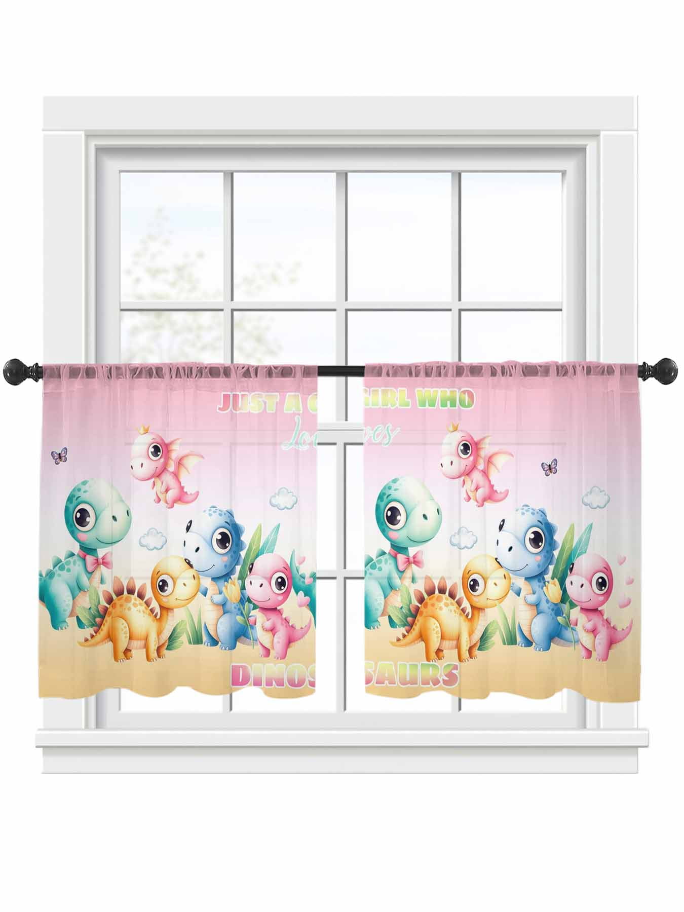 Cartoon Dinosaurs Sheer Curtains 2 Panels Set Just A Boy Who Loves Dinosaurs Gradient Pink Yellow Sheer Window Curtains Light Filtering Rod Pocket Voile Drapes for Bedroom Living Room 52"x54"