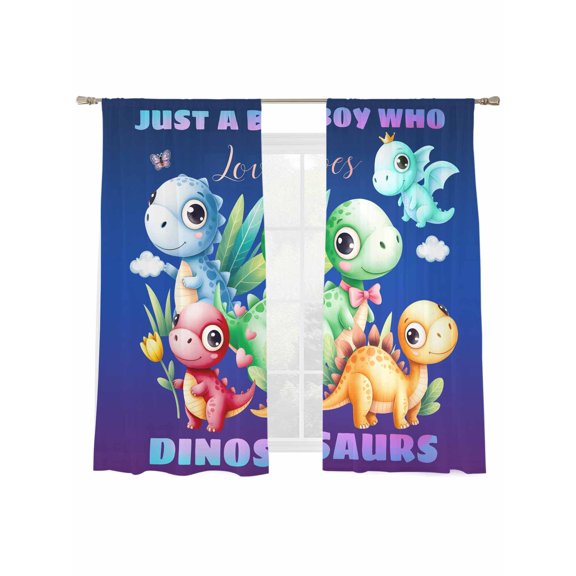 Cartoon Dinosaurs Sheer Curtains 2 Panels Set Just A Boy Who Loves Dinosaurs Gradient Purple Blue Sheer Window Curtains Light Filtering Rod Pocket Voile Drapes for Bedroom Living Room 52"x63"