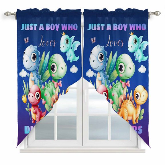 Cartoon Dinosaurs Swag Curtain Valance for Window 2 Panels Just A Boy Who Loves Dinosaurs Gradient Purple Blue Rod Pocket Small Window Swag Valances for Kitchen Bedroom Bathroom 36" W x 63" L