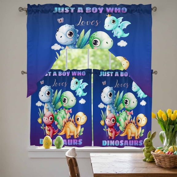 Cartoon Dinosaurs Swag Curtains Valance & Tier Set, Just A Boy Who Loves Dinosaurs Gradient Purple Blue 3 Pcs Set Kitchen Swag Valances and Tiers 36 Inch Length Rod Pocket Curtain Drapes for Bedroom