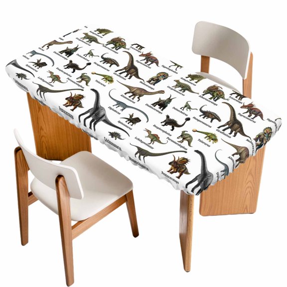 Cartoon Dinosaurs Table Cloths for 6 Foot Rectangle Tables, Natural Primitive Wild Animals Names Patio Waterproof Elastic Fitted Tablecloths, Washable Rectangular Table Cover for Camping