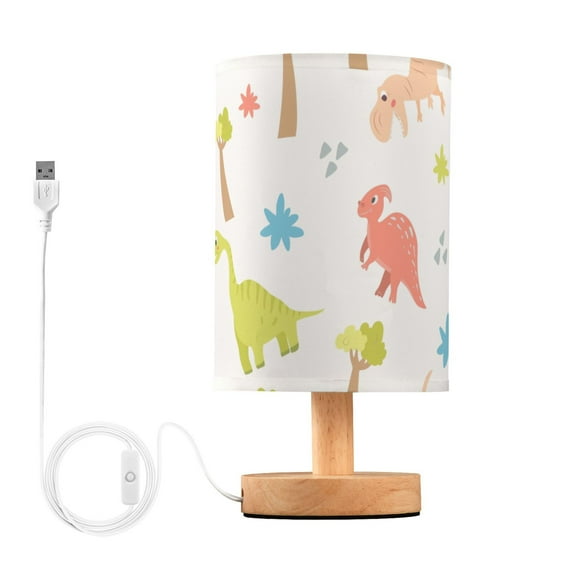 Cartoon Dinosaurs Trees Bedside Table Lamp LED Warm Lights with USB Charging Port Retro Cylinder Desk Lamps