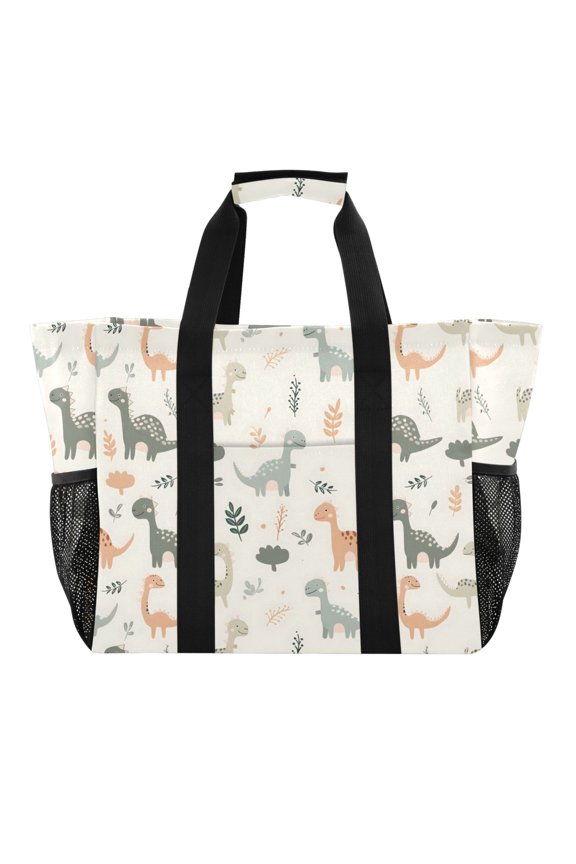 Cartoon Dinosaurs and Leaves Reusable Grocery Bags with Handle Side Pocket Waterproof Shopping Portable Tote