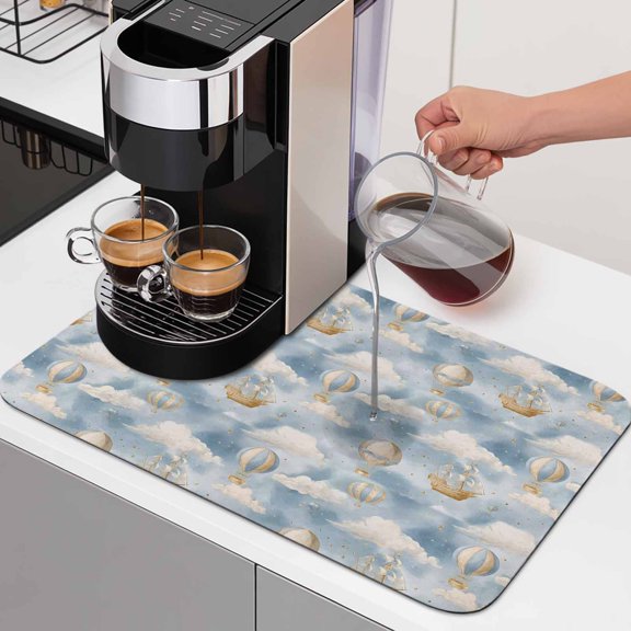 Cartoon Dish Drying Mats for Kitchen Counter, Watercolor Blue Sky Fantasy Hot Air Balloon Cute Cloud Absorbent Coffee Bar Mat with Non-slip Rubber Backed Quick Drying Dish Rack Pad 16"x18"