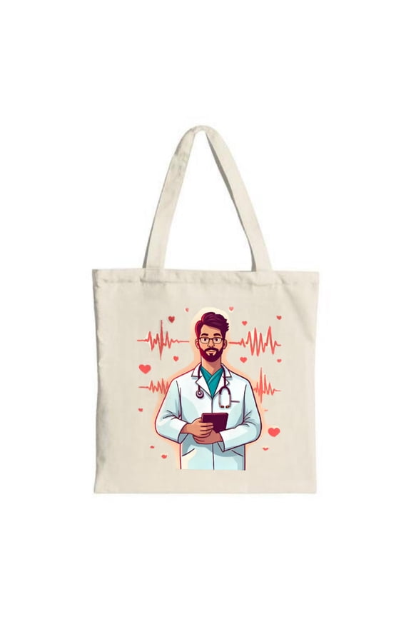 Cartoon Doctor Tote Bag - White Lab Coat Glasses Tablet Surrounded by Heart Patterns & Heartbeat Line - Perfect for Shopping & Travel