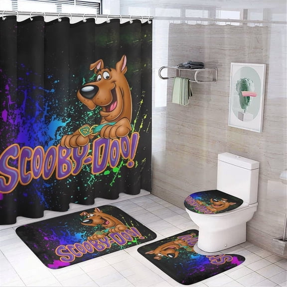 Cartoon Dog 4Pcs Shower Curtain Sets with Non-Slip Rugs, Toilet Lid Cover and Bath Mat, Black Home Bathroom Decor Set Accessories Waterproof Shower Curtains with 12 Hooks, 71 x 71 Inch