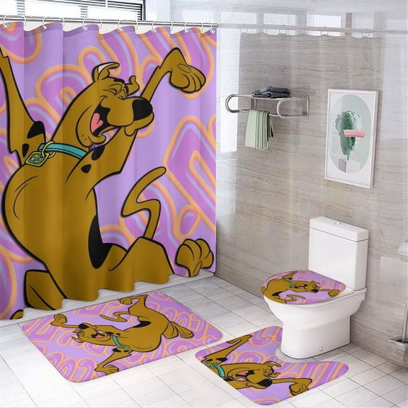 Cartoon Dog 4Pcs Shower Curtain Sets with Non-Slip Rugs, Toilet Lid Cover and Bath Mat, Black Home Bathroom Decor Set Accessories Waterproof Shower Curtains with 12 Hooks, 71 x 71 Inch