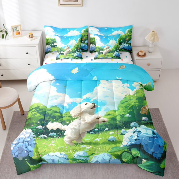Cartoon Dog Bedding Comforter Sets 7pcs Blue Hydrangea Floral Bed in a Bag, Spring Garden Queen Bedding Sets Green Trees Chic Flower Comforter Set, Nature Themed Bedding Sets & Collections