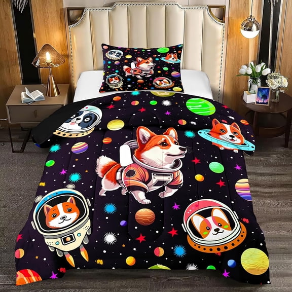Cartoon Dog Bedding Set - Dog Twin Comforter Set for Boys - Cute Dog Astronaut Printed Kids Comforter Sets Colorful Outer Space Dog Twin Size Quilt Set with 1 Pillowcase