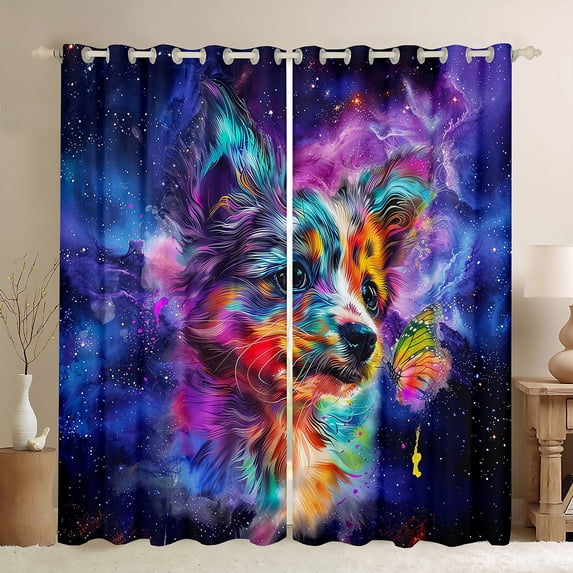 Cartoon Dog 30%-50% Blackout Curtains Watercolor Animal Curtains, Psychedelic Galaxy Stars Curtains & Drapes Rainbow Graffiti Living Room Curtains, Trippy Nebula Cosmos Window Curtains