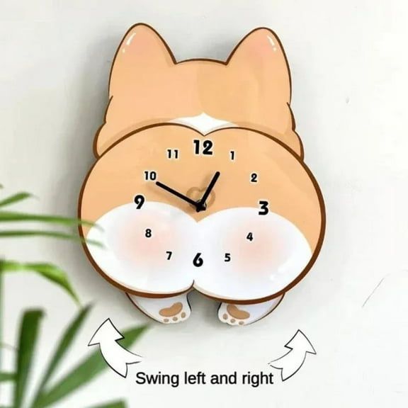 Cartoon Dog Corgi Rocking Clock Room and Bedroom Decorative Cute Silent Wall