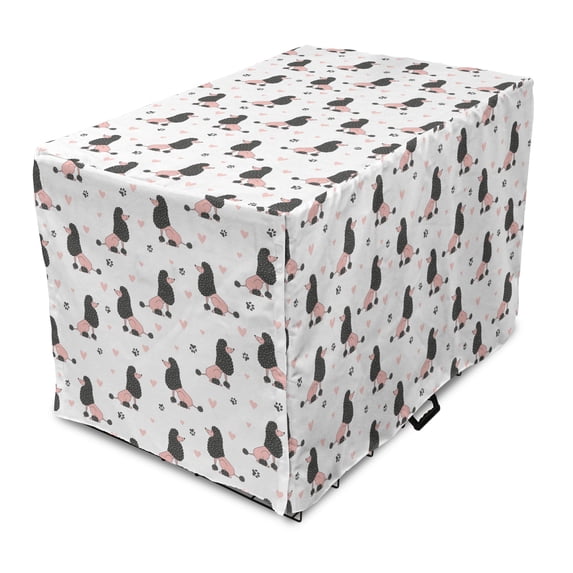 Cartoon Dog Crate Cover, Poodle Dog Paws Hearts Funny Animal Girls Puppy Illustration, Easy to Use Pet Kennel Cover Small Dogs Puppies Kittens, 7 Sizes, Dark Blue Grey and Pale Pink, by Ambesonne