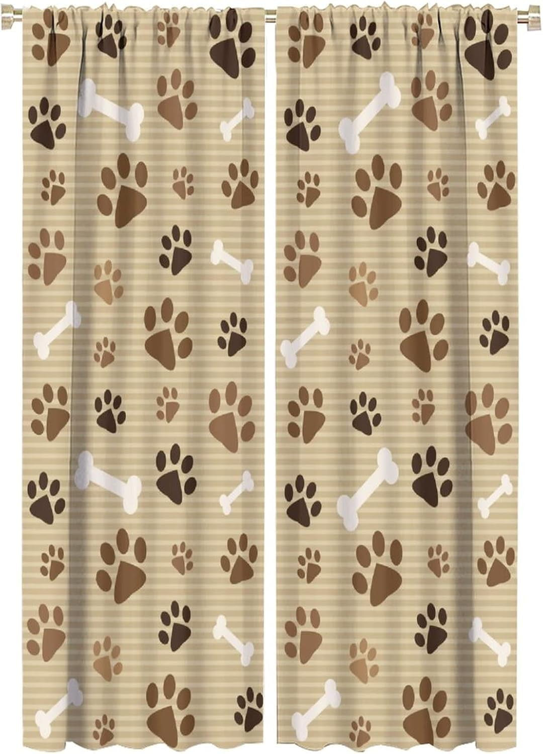 Cartoon Dog Curtains Coffee Color Dog Paw Prints Pattern Bone Rod Pocket Blackout Window Treatment for Kids Girls Bedroom Children''s Room Kitchen Home Decor Art Printed Window Drapes 42x63in