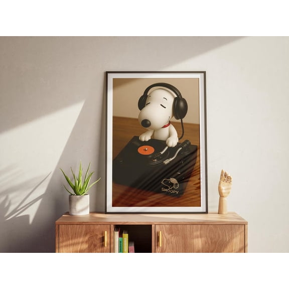 Cartoon Dog DJ with Headphones Poster – Cute Vinyl Record Player Music Lover Wall Art Aesthetic Room Decor 8x12 UNFRAMED