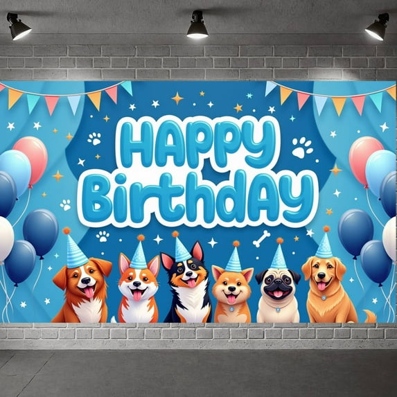 Cartoon Dog Design Banner Blue Theme Dog Party Display Colorful Balloons Paw Prints Puppy Birthday Backdrop for Dog Birthday Party Puppy Celebration Pet Owner Gathering