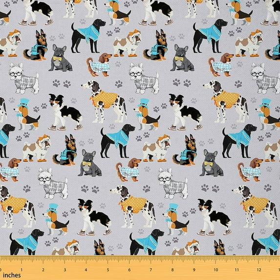 Cartoon Dog Fabric By The Yard,Doodle Puppy Upholstery Fabric,Cute Lovely Pet Animal Decorative Fabric,Puppy Footprint Indoor Outdoor Fabric,Blue Yellow,10 Yards