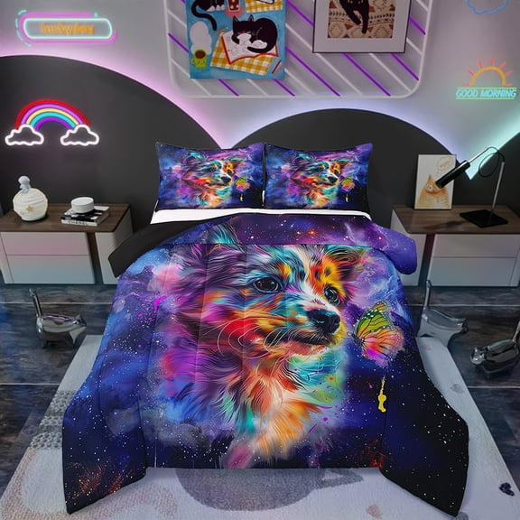Cartoon Dog King Comforter Set Watercolor Animal Bedding Set King , Psychedelic Galaxy Stars Bedding Comforter Sets Rainbow Graffiti Duvet Set, Trippy Nebula Cosmos Quilted Comforter