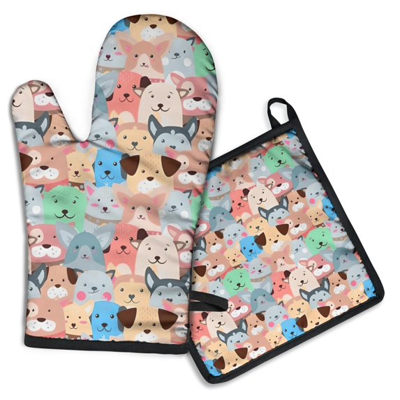 Cartoon Dog Kitchen Oven Mitt and Pot Holder Sets 2 Pcs for Baking, Cooking and Grilling, Heat Resistant Up To 392 °F